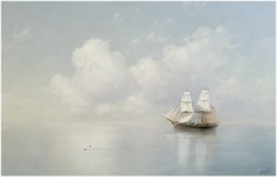„Marine“ von 1886 flattern zwei Wasservögel vor einem einsamen Segelschiff