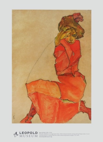 Schiele Egon geb. 12. Juni 1890 in Tulln an der Donau, Niederösterreich - † 31. Oktober 1918 in Wien 
Kniendes Mädchen in orangerotem Kleid, 1910
Schwarze Kreide und Aquarell auf Papier (c) kunstdrucke-kunstbilder.at