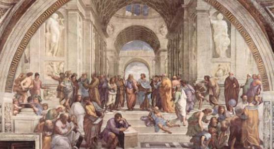 Raffael Sanzio 1483 - 1520, "Die Schule von Athen", 1511/12, Fresko, Musei Vaticani, Rom. Bildmaterial: www.weltum.de