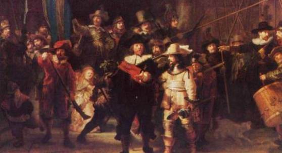 Rembrandt Nachtwache 1642. In Rembrandt Bild zählt man 28 Erwachsene und drei Kinder. Die Anwesenheit des blonden Mädchens in hell erleuchtetem Kleid, an dessen Gürtel ein Huhn befestigt ist, mag sybolischer Natur sein: Die deutlich hervorgehobene Klaue war eines der Gildeebleme. Quelle: www.oel-bild.de 
