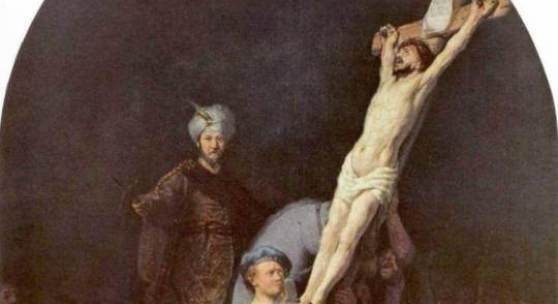 Gemälde Rembrandt, Die Kreuzaufrichtung Christie. Es handelt sich hier um das erste von fünf Werken, in denen sich Rembrandt der Passion Christi widmete. Die zwischen 1633 und 1639 entstandene Bildergruppe befindet sich heute in der Alten Pinakothek in München. Quelle: www.oel-bild.de