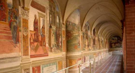 Abtei Monte Oliveto Maggiore. Davon wurden  neun Tafeln von Luca Signorelli (1497-98) erstellt; die übrigen 26 wurden von Sodoma (1504-1508) fertig gestellt. Bildnachweis: dietz-hh.de