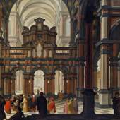 Kat-Nr: 0039  Bartholomeus van Bassen (Antwerpen um 1590–1652 Den Haag)  Interieur einer Renaissancekirche mit „Darbringung im Tempel“ Öl auf Eichenholz 59,5 × 87,5 cm um 1628–1630