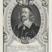 Coenrad Waumans nach Anselmus van Hulle, Porträt des Johann Conrad Varnbüler von und zu Hemmingen, kaiserlicher Pfalzgraf und württembergischer Geheimer Regimentsrat, Gesandter des Herzogs von Württemberg, 1649, Kupferstich auf rohweißem Bütten Staatsgalerie Stuttgart, Graphische Sammlung