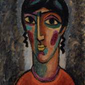 Alexej von Jawlensky Spanierin (Frauenkopf vor grauem Hintergrund), 1913 Öl auf Pappe, 64,4 x 53,4 cm Museum Wiesbaden, erworben 1987 aus dem Nachlass Hanna Bekker vom Rath, Dauerleihgabe des Vereins zur Förderung der bildenden Kunst in Wiesbaden e.V. Foto: Museum Wiesbaden/Bernd Fickert