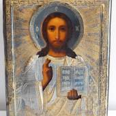 Russische Ikone "Christus Pantekrator" mit vergoldeten Silberoklad mit Meistermarke und "84" Silberpunze