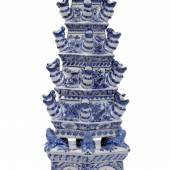 Flower Pyramid (c. 1690) by Adrianus Kocx of De Grieksche A (The Greek A) Factory. Tin-glazed earthenware, painted in blue; 95 cm. Courtesy of Aronson Antiquairs.