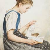 ANKER, ALBERT 1831 Ins 1910   Strickendes Mädchen beim Lesen. Schätzpreis: CHF 75'000.-