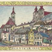 Franz von Zülow, Stadtansicht von Steyr, Entwurf für ein Deckelinnenbild, 1928 © JTI Collection Vienna