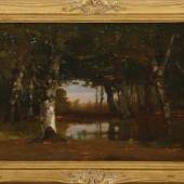 KatalogNr: 618 Louis Douzette (1834-1924), Öl/Holzplatte, "Landschaft mit Laubbäumen", unten rechts signiert und datiert "L. Douzette. 95", 25x40cm, gerahmt (31x45cm), kleine Kratzspuren, Flecken, Mattstellen RP: 750,00 €