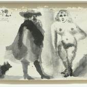 Pablo Picasso: "Mousquetaire et nu debout" Lavierte Tuschzeichnung und Kohle auf Bütten, 1972, 13 x 19,4 cm © Succession Picasso/Bildrecht Wien, 2019 / Foto: Galerie Française