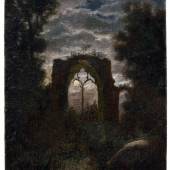  011   Carl Gustav Carus, Die Ruine von Netley Abbey im Mondlicht. 1844.  Öl auf kräftiger Malpappe. Unsigniert. In einer Berliner Leiste des 19. Jahrhunderts gerahmt. Nicht im WVZ Prause. 24000 € 