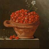 Adriaen Coorte, tätig 1683-1707 in Middelburg oder Umgebung, Stillleben mit Erdbeeren in einem Tontöpfchen, 1704, Papier auf Leinwand, Heinrich und Anny Nolte-Stiftung, Dep. 962