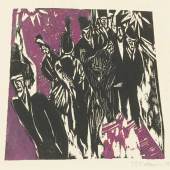 Lot 99 Property from the Collection of Catherine Woodard and Nelson Blitz, Jr. Ernst Ludwig Kirchner Strassenszene (D. H235/B; SCH. H218; G. 643/2) Woodcut printed in purple and black, 1913-14, a fine impression of this very rare woodcut, signed in pencil, dated '12', printed on heavy wove paper, framed image: 255 by 266 mm 10 by 10 1/2 in sheet: 401 by 343 mm 15 3/4 by 13 1/2 in Estimate $500/700,000 