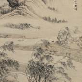 Zhang Ling Scholar Gazing at Farmlands from a Pavilion Ink and color on paper, hanging scroll 145.7 by 770.4 cm., 57 3/8 by 27 3⁄4 in. Estimate $160/220,000 Sold for $615,000