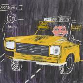 Jean-Michel Basquiat and Andy Warhol Taxi, 45th/Broadway Circa 1984-85 Acrylic, oil stick, synthetic polymer and silkscreen ink on canvas 196.2 by 272.4 cm | 77¼  by 107¼ in Estimate $6/8 Million