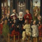 Pfingstwunder, Sebald Bopp (Zuschreibung), (vor 1474 Bamberg - 1503 Nördlingen), um 1490. Öl auf Holz, 110 x 96 cm, Kunsthandel Senger Bamberg