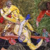 APPEARING ON THE MARKET FOR THE FIRST TIME IN A GENERATION R. B. Kitaj (American, 1932-2007), Whistler vs. Ruskin (Novella in Terre Verte, Yellow and Red), 1992. Oil on canvas. 152.4 x 152.4 cm (60 x 60 in). Piano Nobile, London.