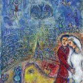 Galerie Boulakia  Marc Chagall (Vitebsk 1887-1985 Saint-Paul de Vence) Les fiancés au cirque, 1982 Oil, tempera and pastel on canvas 100 x 73 cm