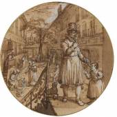 David Vinckboons (1576-c.1632) Allegory on iron forge (c.1613)Pen and brown ink, brush and brown ink, brown wash, heightened with white, gold ink framing lines on green prepared paper, 138 x 131 mm©Onno van Seggelen