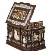 GEORG LAUE, KUNSTKAMMER LTD Court Renaissance Casket from Newbattle Abbey by the Nuremberg Master of Perspective, dated 1565  Various woods, engraved bone, mother of pearl, alabaster, etched and fire-gilt iron  35 cm x 53 cm x 36 cm