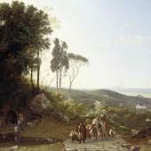 Franz Ludwig Catel (1778–1856) Blick über Ariccia auf die Ponzianischen Inseln, im Vordergrund römisches Landvolk, um 1823 Öl auf Leinwand, 100 x 138 cm München Bayerische Staatsgemäldesammlungen, Neue Pinakothek © bpk/Bayerische Staatsgemäldesammlungen