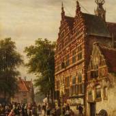 Cornelis Springer (1817 – 1891) Die Rathausstraße in Naarden mit Markt | 1863 | Öl auf Leinwand | 51,3 x 42 cm Ergebnis: € 112.000