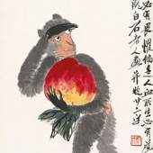Der Affe hat einen Pfirsich gestohlen Album der chinesischen Tierkreiszeichen, 9 von 12 Qi Baishi, Farben auf Papier, 68×33.5 cm, 1944 Sammlung der Kunstakademie Peking © Beijing Fine Art Academy