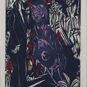 Ernst Ludwig Kirchner: Der Verkauf des Schattens, 1915 Holzschnitt in Schwarz, Rot und Violett 32,3 x 22 cm Inv.-Nr. F 122 b, Dube H 263 Brücke-Museum Berlin Karl und Emy Schmidt-Rottluff Stiftung