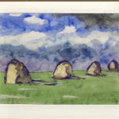 Emil  Nolde  wählte  in  seinem  1930  bis 1940  auf  Japanpapier  ausgeführten  Aquarell„Marschland-schaft mit Heudiemen unter blauem Himmel“  Schätzpreis  75.000,-€
