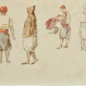 Eugène Delacroix (1798-1863)Study of Algerian costumes, June 1832Pen, brown ink and watercolour on album page, 20 x 27 cmStudio stamp lower right©Galerie Fabienne Fiacre