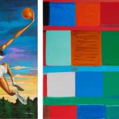 From left to right: Ernie Barnes, The Dunk, 1998, Acrylic on canvas, Estimate: $250,000 - 350,000; Stanley Whitney, Red, Green, Black, Blues, 2013, Oil on linen, Estimate: $500,000 - 700,000