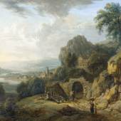 Idyllische Landschaft am Rhein mit Staffage. Öl auf Kupfer, sig. u. dat. 1779 u.r., verso bez.,
20,5x26,5 cm