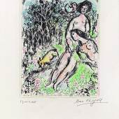 Marc Chagall, “Idylle aux champs”, Saint Paul, 1972, Farblithographie auf Vélin von Arches, 33,6 x 26,2 cm, Blattgröße: 57 x 39,5 cm, rechts unten vom Künstler mit Bleistift signiert: Marc Chagall, links unten bezeichnet: Épreuve d'artiste, Bild: Kunsthandel Giese & Schweiger, Bildrecht Wien 2024