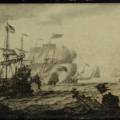 Seeschlacht aus den Englisch-Niederländischen Seekriegen, Grisaille (Feder und Tinte auf Holz, sog. "penschilderij")  17 x 24 cm, Schätzpreis EUR 2,000,-