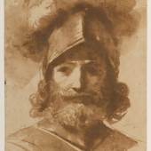 GALLERIES/Stephen Ongpin Fine Art, GIOVANNI FRANCESCO BARBIERI, called IL GUERCINO (1591-1666)  The Head of a Bearded Soldier in a Plumed Helmet, c.1620s  Brush and brown wash, pen and brown ink.  267 × 215 mm. (10 ½ × 8 ½ in.)