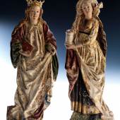 147 Hans Klocker, tätig um 1478 - 1500  Paar Hochrelief-Figuren WEIBLICHE HEILIGE und HEILIGE MARIA MAGDALENA Höhe: 39,5 bzw. 40 cm.  Schätzpreis: € 55.000 - 65.000