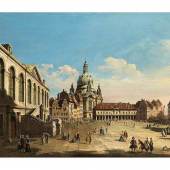 177 Bernardo Bellotto,  genannt „Canaletto“,  1721 Venedig – 1780 Warschau  DER NEUMARKT IN DRESDEN MIT BLICK AUF DIE FRAUENKIRCHE Öl auf Leinwand.  62 x 96 cm.  Katalogpreis € 500.000 - 700.000