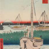 Ando Hiroshige, Die Tsukada-Insel vor der östlichen Hauptstadt vom offenen Meer aus gesehen (aus der Serie: 36 Ansichten des Fuji), 1858, Farbholzschnitt