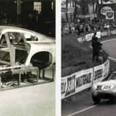 Master sheet metal worker Bert Brookes, in apron, affixes the magnesium/aluminum alloy panels to DP215 in 1963 (Credit - Courtesy of Ted Cutting/Aston Martin Lagonda). Phil Hill leading the NART Ferrari 330 TRI/LM on the opening lap of the 1963 24 Hours of Le Mans (Credit - Courtesy of LAT Images).