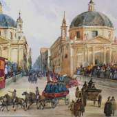 Ippolito CAFFI (1809 –1866)Preparing for the departure of the riderless horses at Piazza del Popolo Pencil, ink and watercolour on paper, 190 x 226,5mm.Signed bottomright ‘Caffi’©Paolo Antonacci