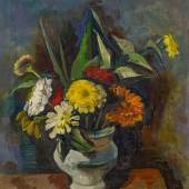 Karl Hofer (1878 – 1955) Blumenstrauß in grauer Vase (Zinnien) | 1933 | Öl auf Leinwand | 56 x 50,5 cm Taxe: 50.000 – 70.000 Euro