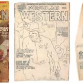 Left: October 1946 issue of {Popular Western, A Thrilling Publication}, vo. 31, no. 2. Middle: Ed Ruscha, Cheap Western Study, 1962. © Ed Ruscha. Right: Ed Ruscha, Torn Western Study, 1963. © Ed Ruscha