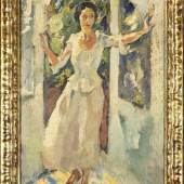 Leo Putz (1869-1940), "An der Thür", aus einem sommerlichen Garten tritt eine junge Frau (wohl Mara Hoffmann) mit weiter Geste durch eine Terrassentür. Mindestpreis:	18.000 EUR 