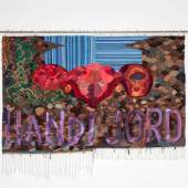  Hand i Jord  Tapestry woven of rags, yarn, cotton, silk, wool, viscose, vhs-tape, 2023 Enquire