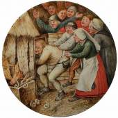 Brueghel d.J., Pieter 1564 - 1636 Antwerpen Rundbild mit Wiedergabe eines niederländischen Sprichwortes Öl auf Holz. Durchmesser: ca. 19 cm.  Schätzpreis:	90.000 - 120.000 EUR
