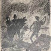 Alfred KUBIN (1877-1959), Federzeichnung auf Papier, "Nächtliches Treffen am Flussufer", u.re. sign., Maße: ca. 38 x 30 cm, Blatt rückseitig mit Ausschnitt einer gedruckten Landschaftskarte, hinter Glas im Passepartout gerahmt, Blatt leicht stockfleckig. Mindestpreis:	3.000 EUR