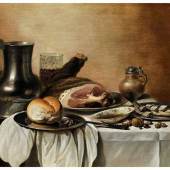 Pieter Claesz, um 1597 Steinfurt Haarlem. STILLLEBEN MIT ZINNKANNE, EINEM GLAS BIER, GEKOCHTEM SCHINKEN UND AUFGESCHNITTENEM FISCH Öl auf Holz. Klötzchenparkettiert. 52 x 70 cm.