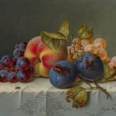 Preyer, Emilie Düsseldorf 1849 - 1930 Früchtestillleben. Öl auf Leinwand. 17 x 23cm. Signiert unten rechts: Emilie Preyer. Rahmen. Schätzpreis:	20.000 - 25.000 EUR