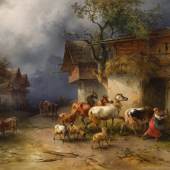 Friedrich Gauermann Schätzpreis € 80.000 - 160.000 (Miesenbach 1807-1862 Wien) Heimeilendes Vieh in einem Gebirgsdorf bei Regen, 1854